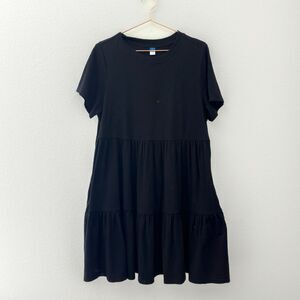 Short-Sleeve Tiered Slub-Knit Mini Swing Black Dress Size Large